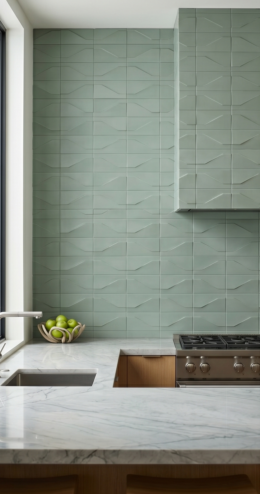Matte sage green 4x8 tiles by Clay Imports with a Templo Rucksack wavy relief pattern as a kitchen backsplash.