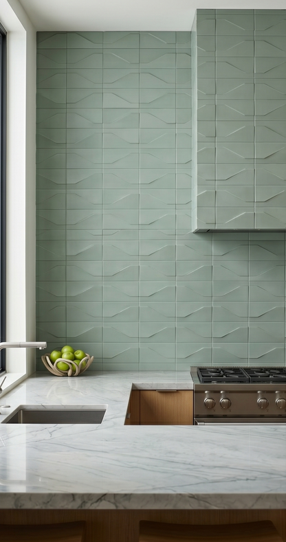 Matte sage green 4x8 tiles by Clay Imports with a Templo Rucksack wavy relief pattern as a kitchen backsplash.
