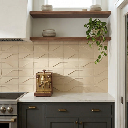 Cream Templo Twig clay tiles by Clay Imports featuring an embossed zig-zag pattern on a kitchen backsplash.
