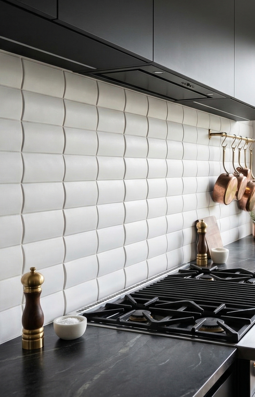 White clay tiles by Clay Imports with a curved, wavy texture on a modern kitchen backsplash.