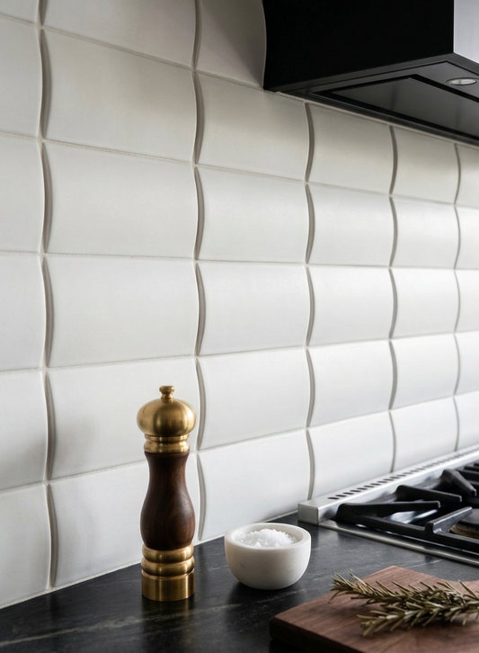 White chalk clay backsplash tile by Clay Imports, featuring a wave-like 3D texture in a modern kitchen setting.