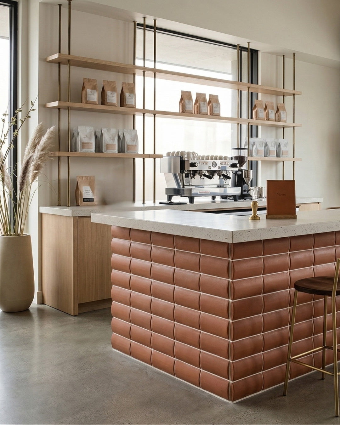 Terracotta Tope Mamey 4x8 clay tiles by Clay Imports cladding the front of a modern coffee bar counter.