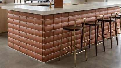 Mamey rounded clay tile by Clay Imports, featuring white horizontal grout.