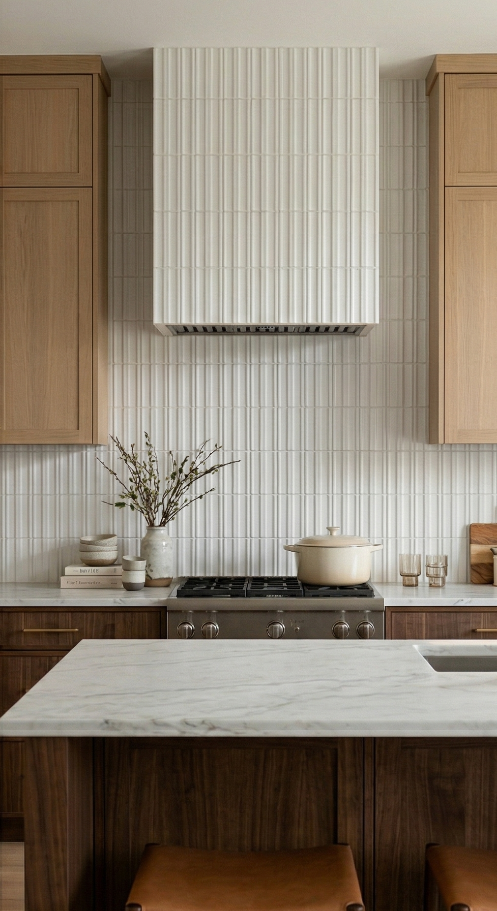 Valle Chalk 4x8 clay tiles by Clay Imports with a textured fluted design covering a kitchen backsplash and range hood.