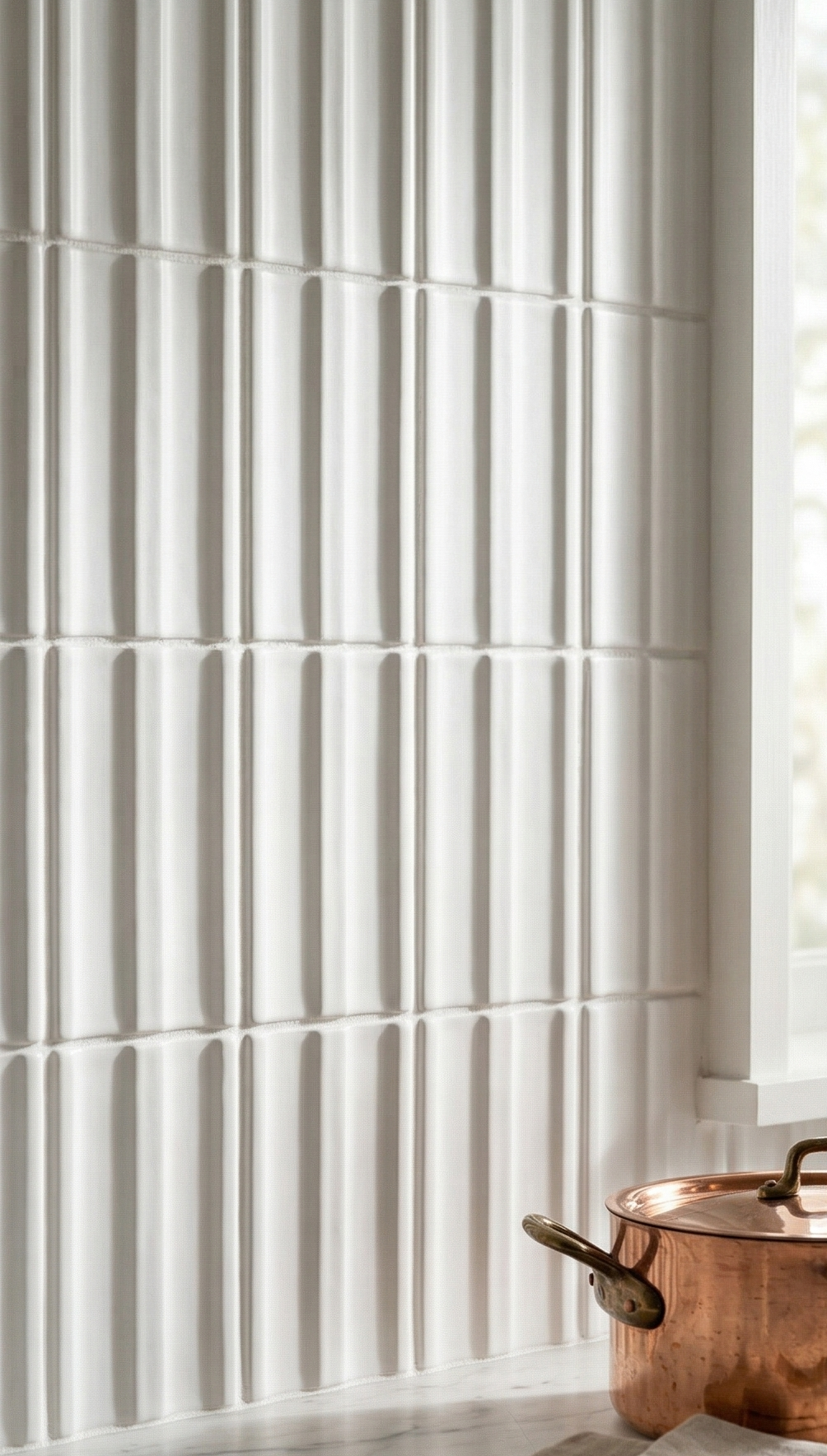 Chalk white fluted clay tile by Clay Imports with uneven horizontal grout lines, installed vertically beside a window and copper pot.