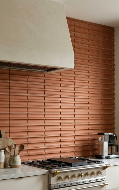 Valle Mamey terracotta-colored clay tiles by Clay Imports, featuring a ribbed pattern on a kitchen backsplash.