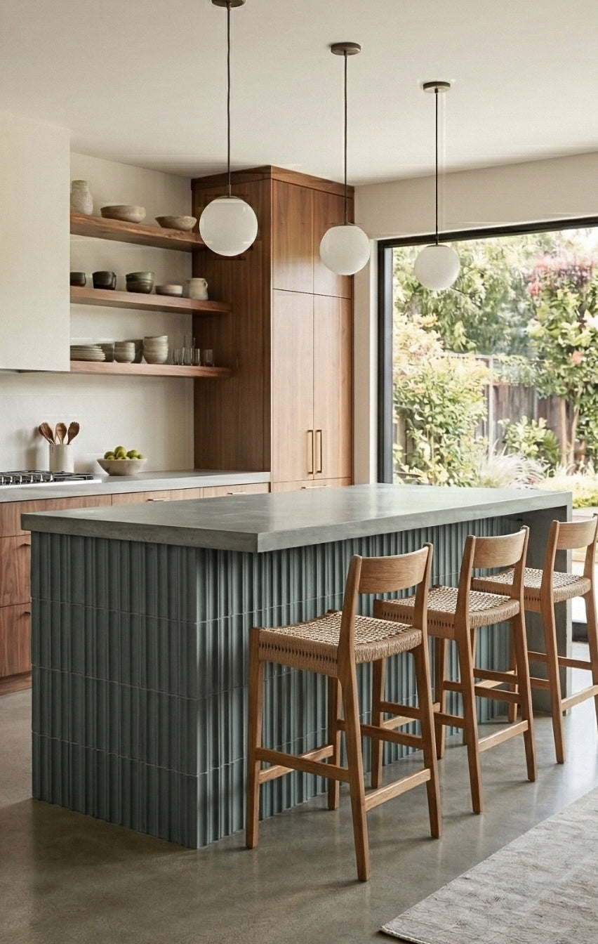 Green Rucksack clay tile by Clay Imports with a vertical ribbed pattern, cladding a modern kitchen island.