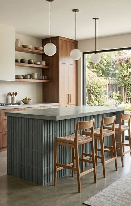Green Rucksack clay tile by Clay Imports with a vertical ribbed pattern, cladding a modern kitchen island.