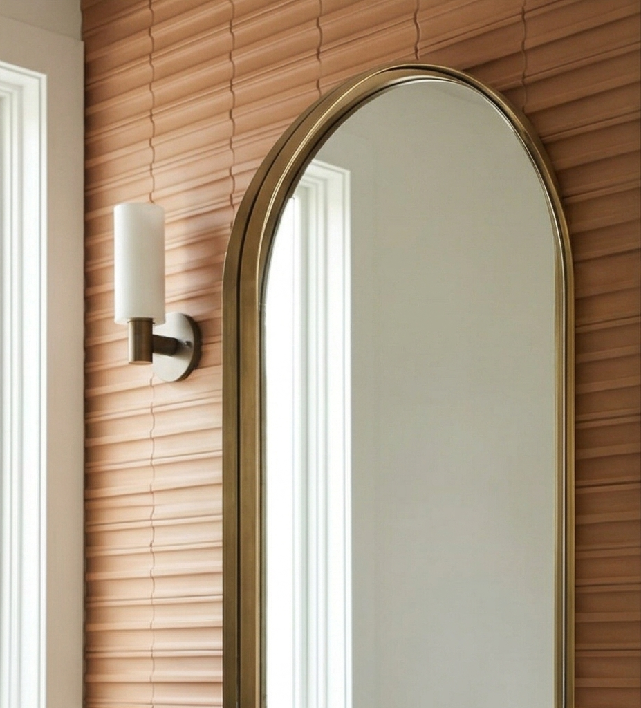 Textured terracotta clay wall tiles by Clay Imports with wavy ridges, behind a bronze sconce and arched mirror.