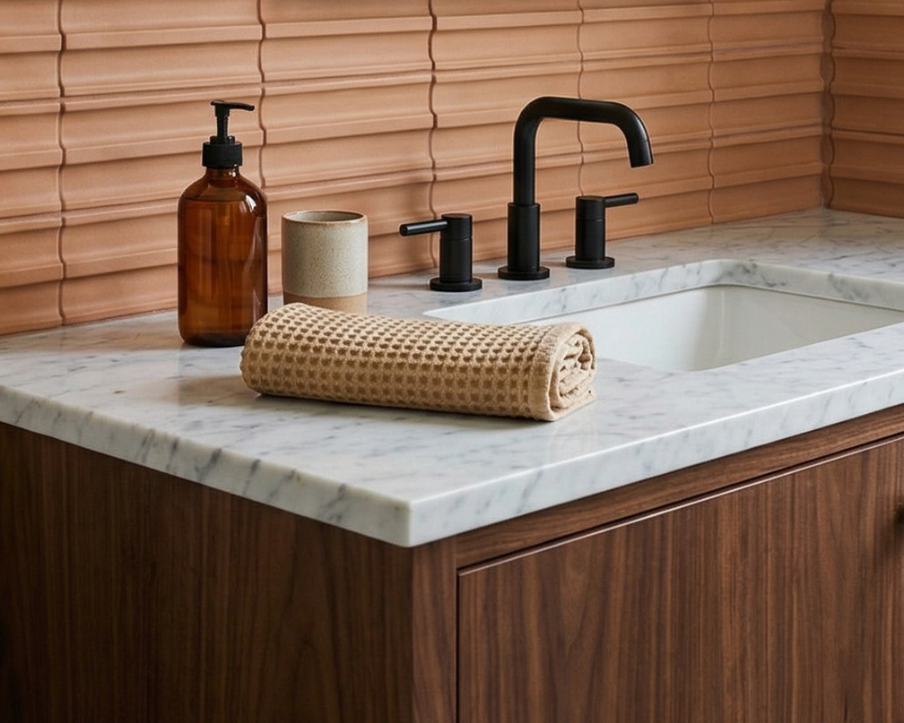 Fluted terracotta clay tiles by Clay Imports, forming a backsplash above a modern bathroom vanity with marble counter.
