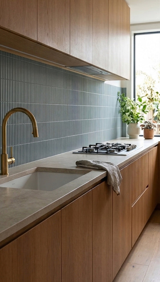 Zurco Rucksack Green ribbed clay tiles by Clay Imports, in a modern kitchen backsplash with light wood cabinets.