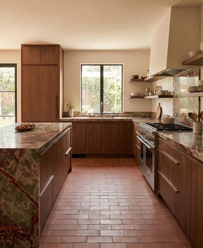 Terracotta Cotto Tierra 4x8 floor tiles by Clay Imports laid in a running bond pattern in a modern kitchen.