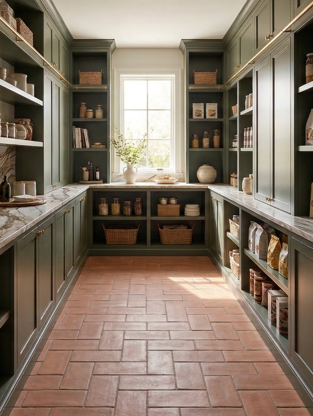 Umber rectangular cotto tile from Clay Imports in a varied pattern on a pantry floor with green cabinets and marble counters.