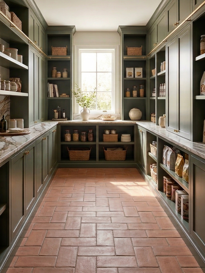 Umber rectangular cotto tile from Clay Imports in a varied pattern on a pantry floor with green cabinets and marble counters.