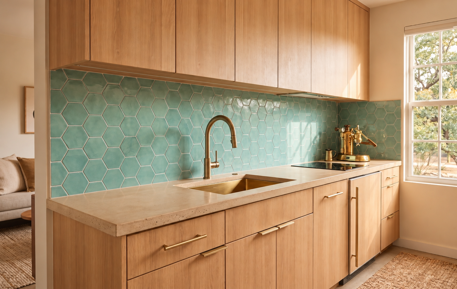 Teal glazed hexagon tile by Clay Imports, installed as a kitchen backsplash with wood cabinets and brass fixtures.