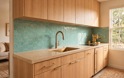 Teal glazed hexagon tile by Clay Imports, installed as a kitchen backsplash with wood cabinets and brass fixtures.