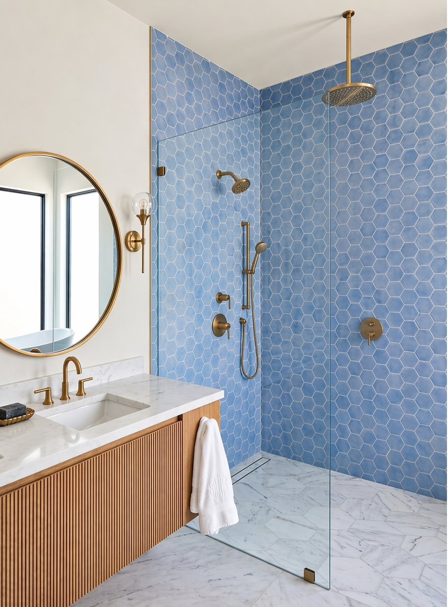Blue hexagon solid tile from Clay Imports installed on shower walls with white grout in a modern bathroom.