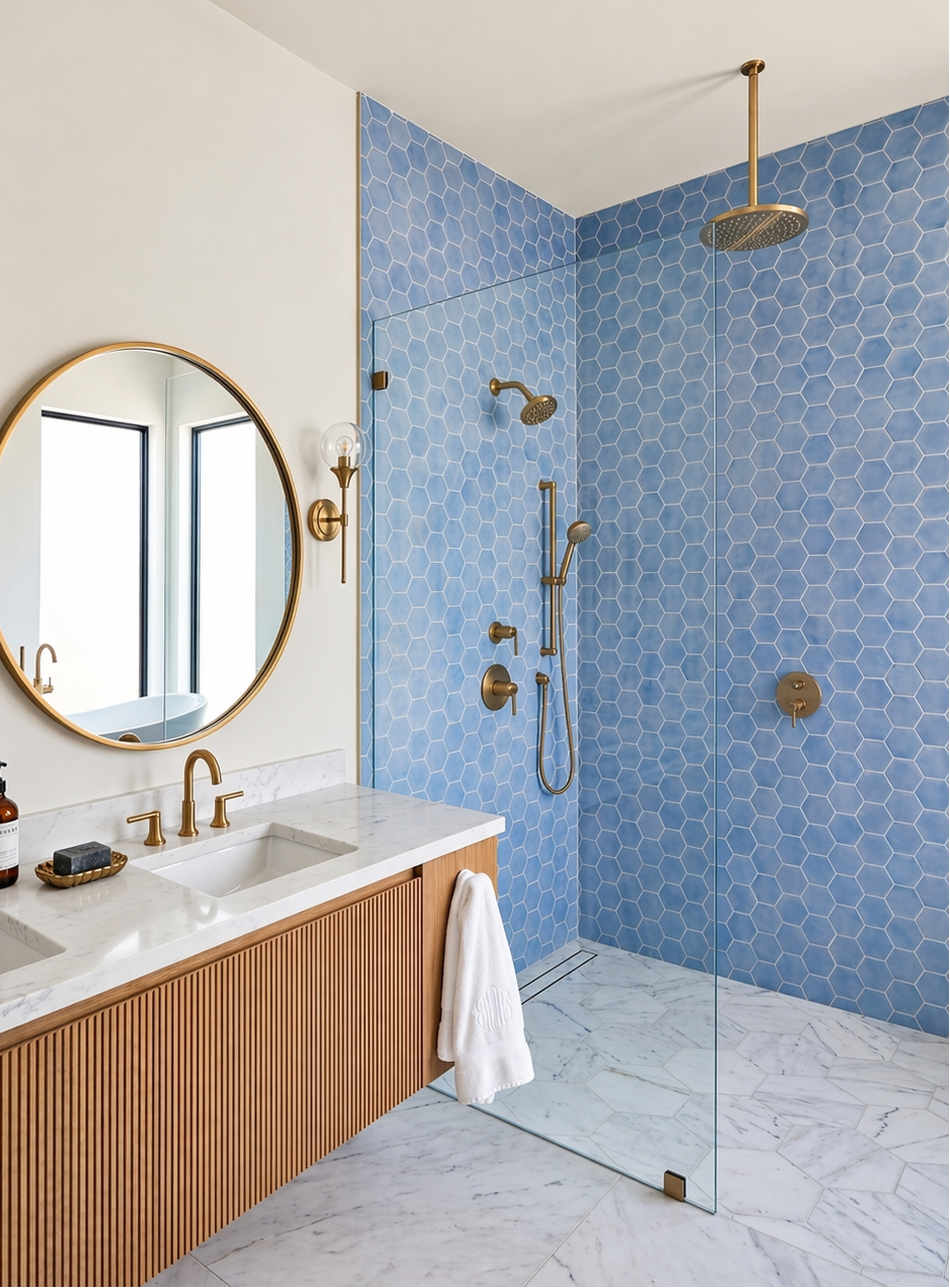 Blue hexagon solid tile from Clay Imports installed on shower walls with white grout in a modern bathroom.
