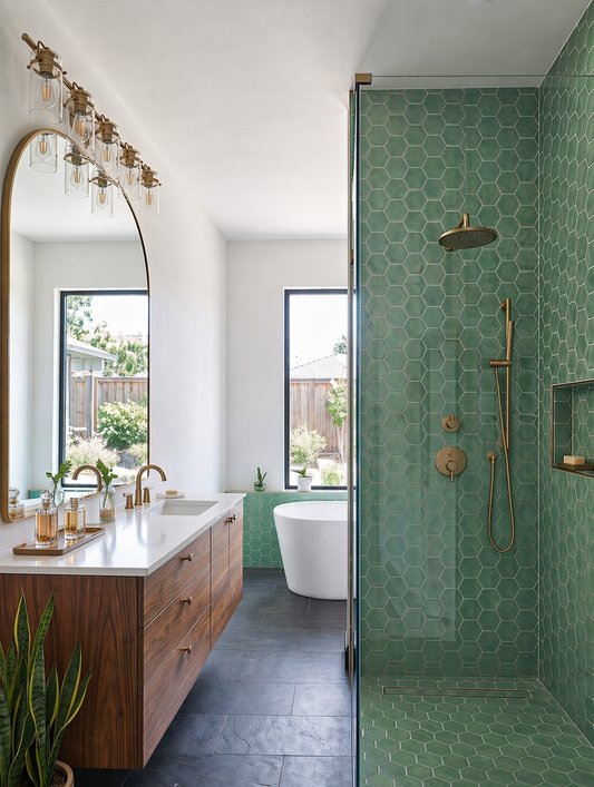 Green hexagonal solid tile by Clay Imports covering a modern shower and partial tub backsplash.