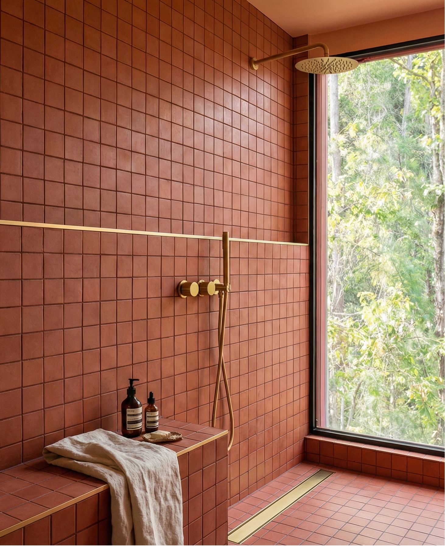 Square 4.25x4.25 inch terracotta solid tile by Clay Imports covering a shower wall and floor with brass fixtures.