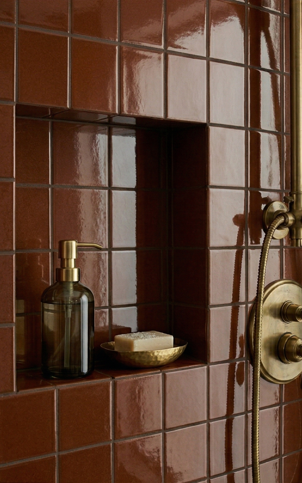 Americano solid tile by Clay Imports, glossy brown 4.25x4.25 inch squares forming a shower wall with a built-in niche and brass fixtures.