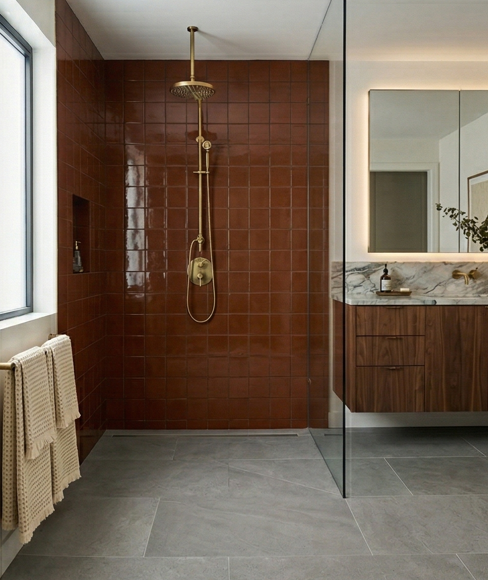 Americano 4.25x4.25 solid tiles by Clay Imports, reddish-brown with a glossy finish, covering a shower wall.