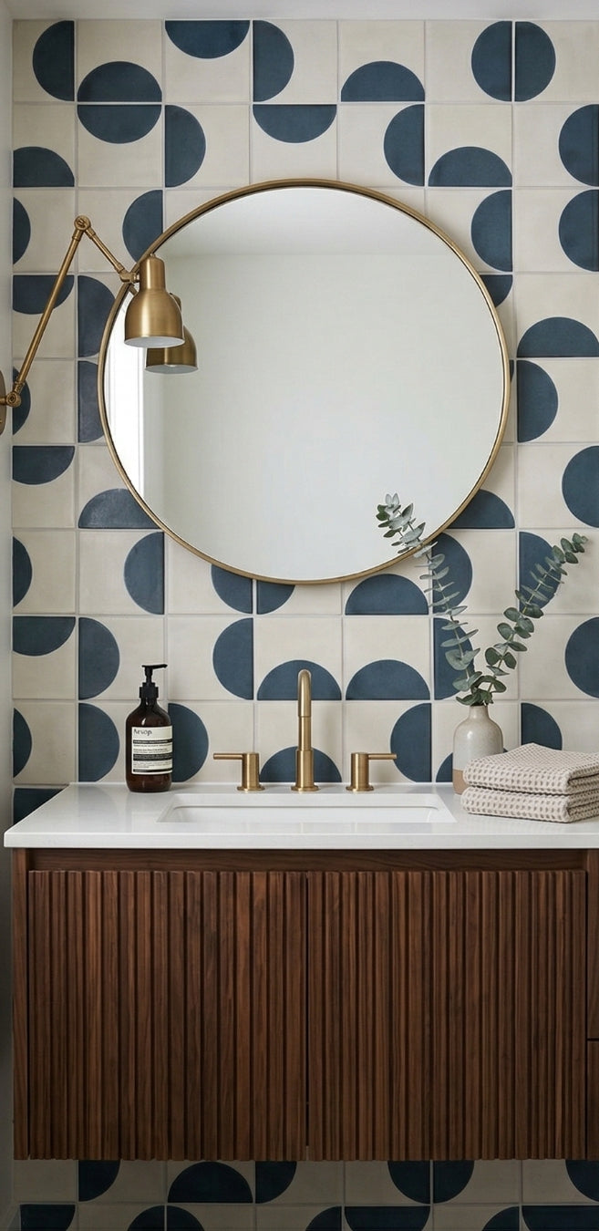 Cream and navy patterned solid tile by Clay Imports, displaying bold geometric half-circles and full circles.