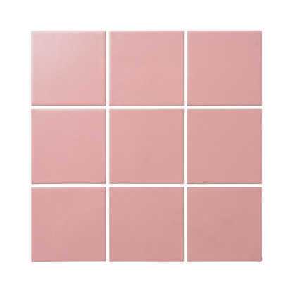 Pink square clay tiles by Clay Imports, arranged in a 3x3 grid with subtle texture and white grout.