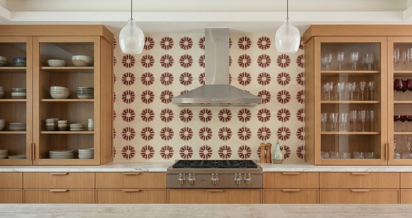 Traditional Talavera tile with an oxblood floral pattern by Clay Imports Handmade Tile, installed as a kitchen backsplash.