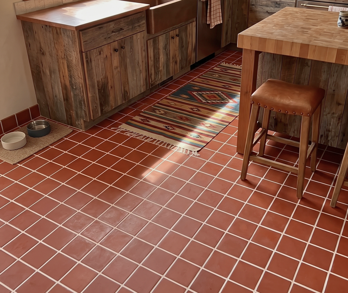 Terracotta red square floor tiles with white grout lines in a rustic kitchen setting, featuring wooden cabinets, a patterned rug, and a wooden table with a stool.