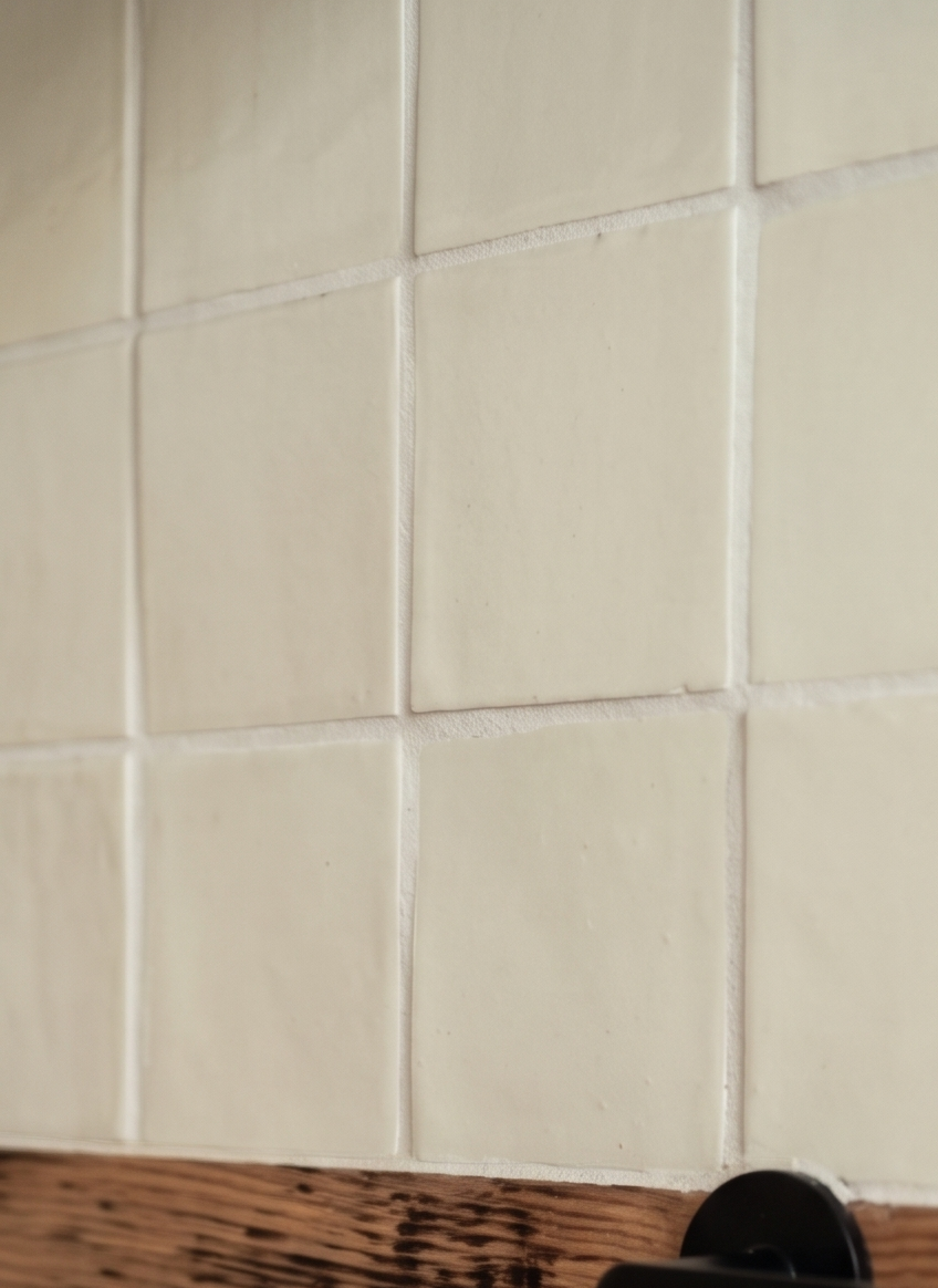 Cream square clay tiles from Clay Imports, featuring visible grout lines, subtle texture, and a wooden counter.
