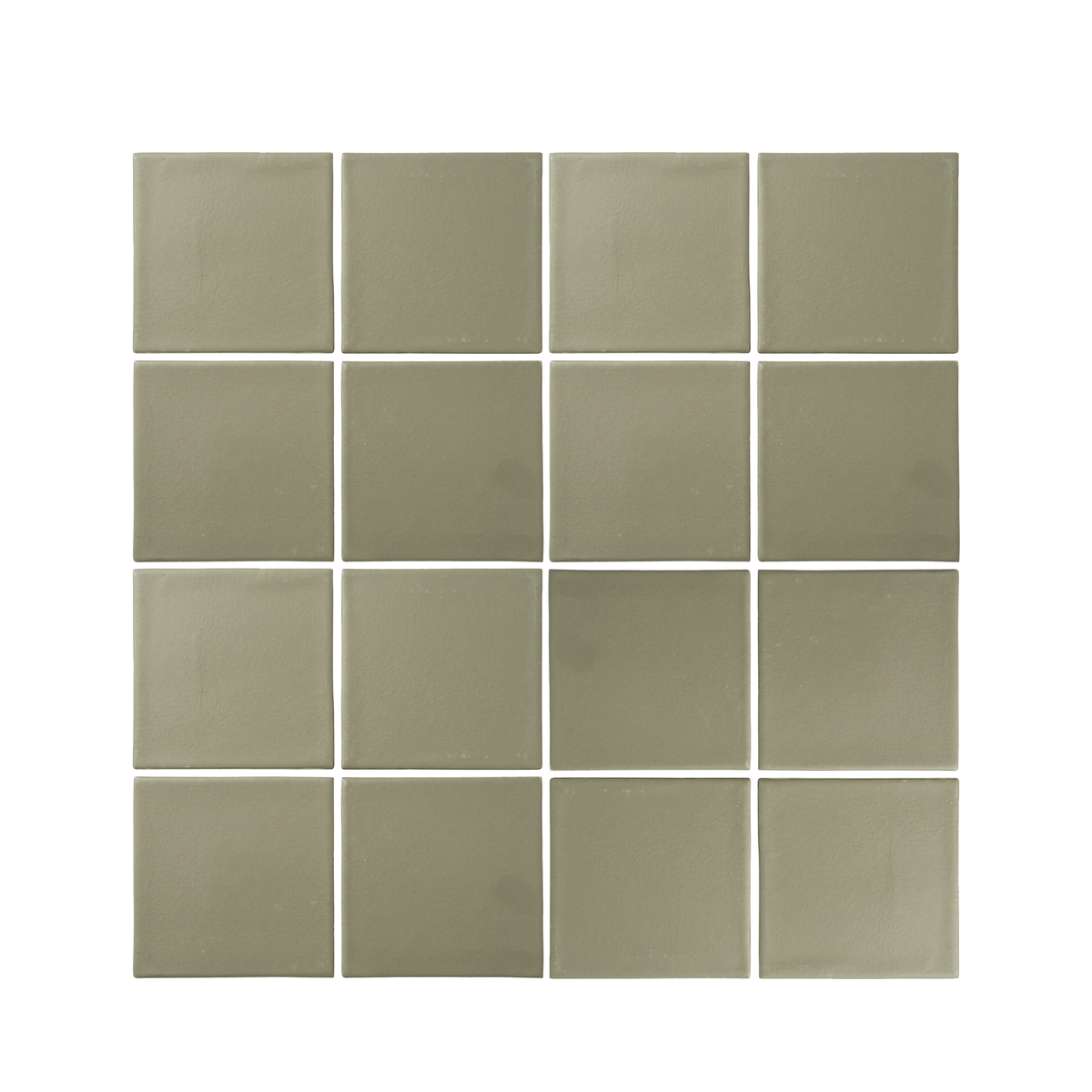 A grid of sixteen sage green square ceramic tiles displays a matte finish and subtle variations in color.