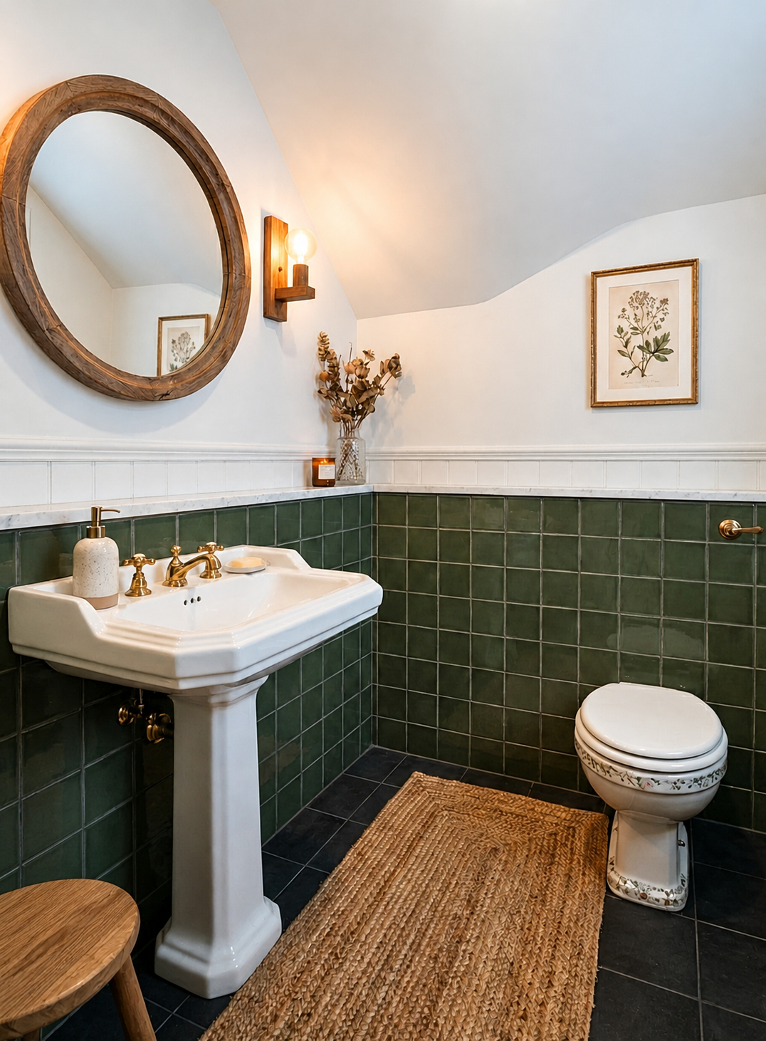 Green 4x4 gloss solid tile by Clay Imports installed on bathroom walls above a dark floor, next to a white pedestal sink.