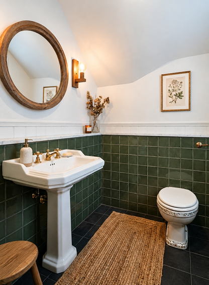 Green 4x4 gloss solid tile by Clay Imports installed on bathroom walls above a dark floor, next to a white pedestal sink.