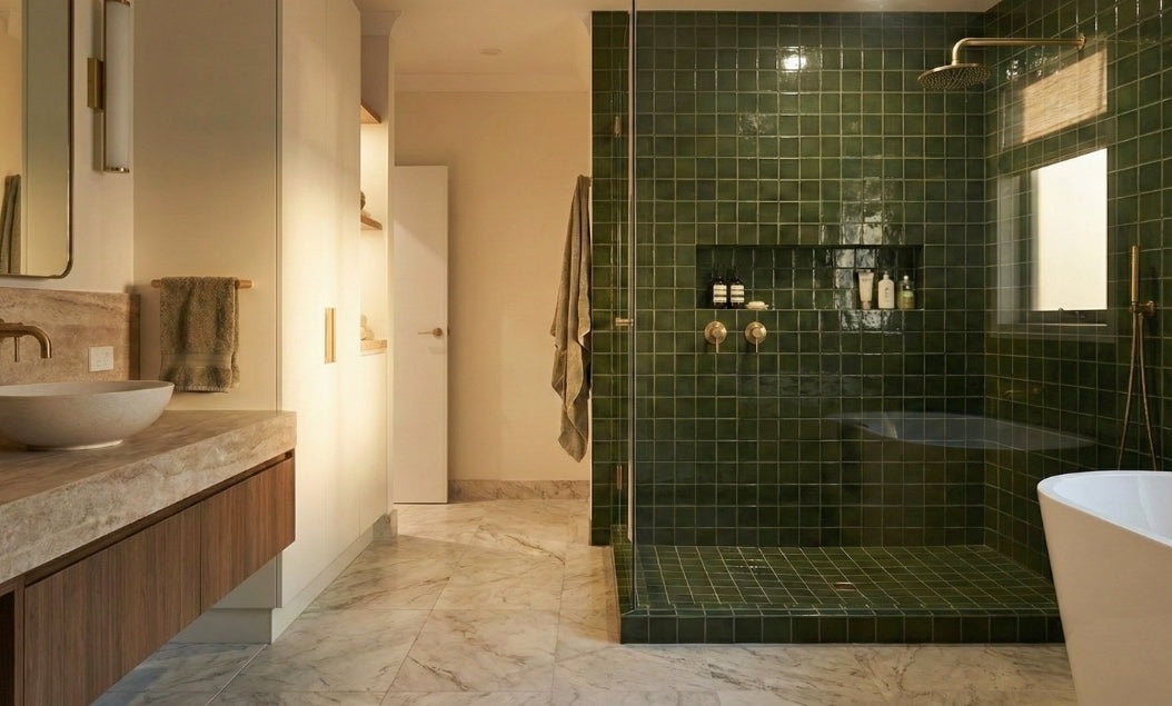 Glossy dark green 4x4 solid tiles by Clay Imports, forming a tiled shower wall and floor in a modern bathroom.
