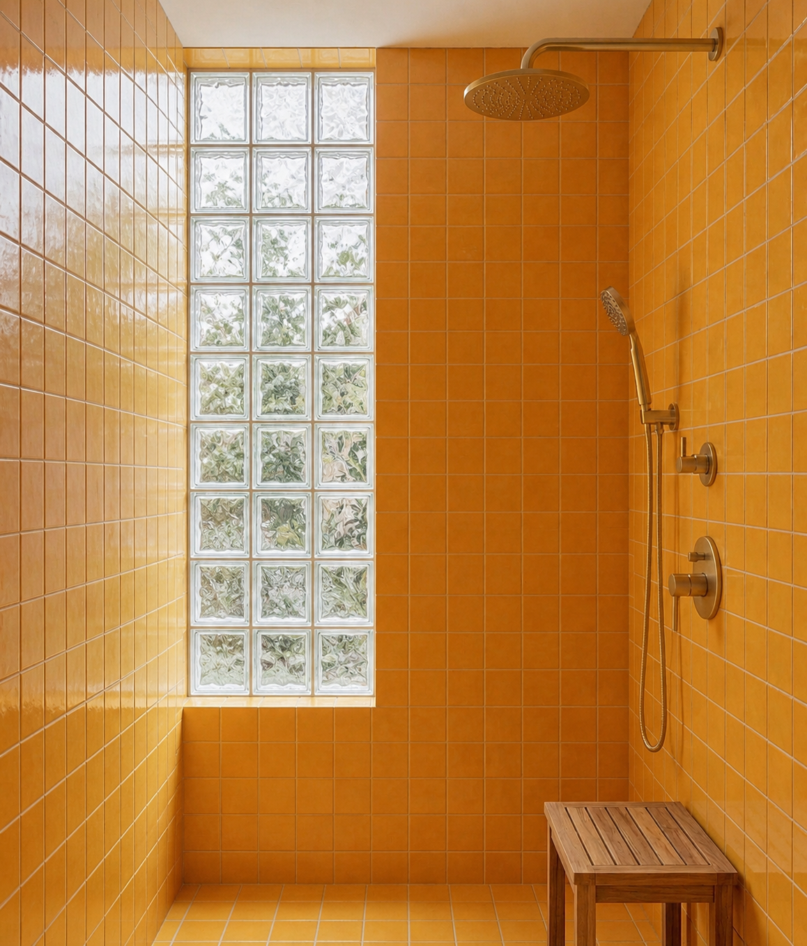 Marigold 4.25x4.25 Solid Tile by Clay Imports, glossy square tiles covering a shower with gold fixtures and a garden view.