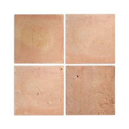 Four 6x6 antique matte terracotta tiles by Clay Imports, displaying rustic texture and natural reddish-brown tones.