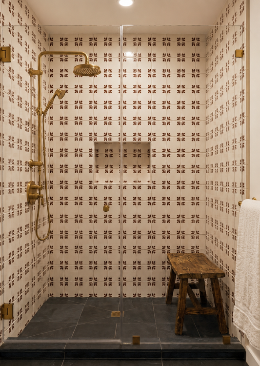Oxblood Talavera tile by Clay Imports Handmade Tile featuring a Tula pattern on a white background, installed in a shower with brass fixtures.