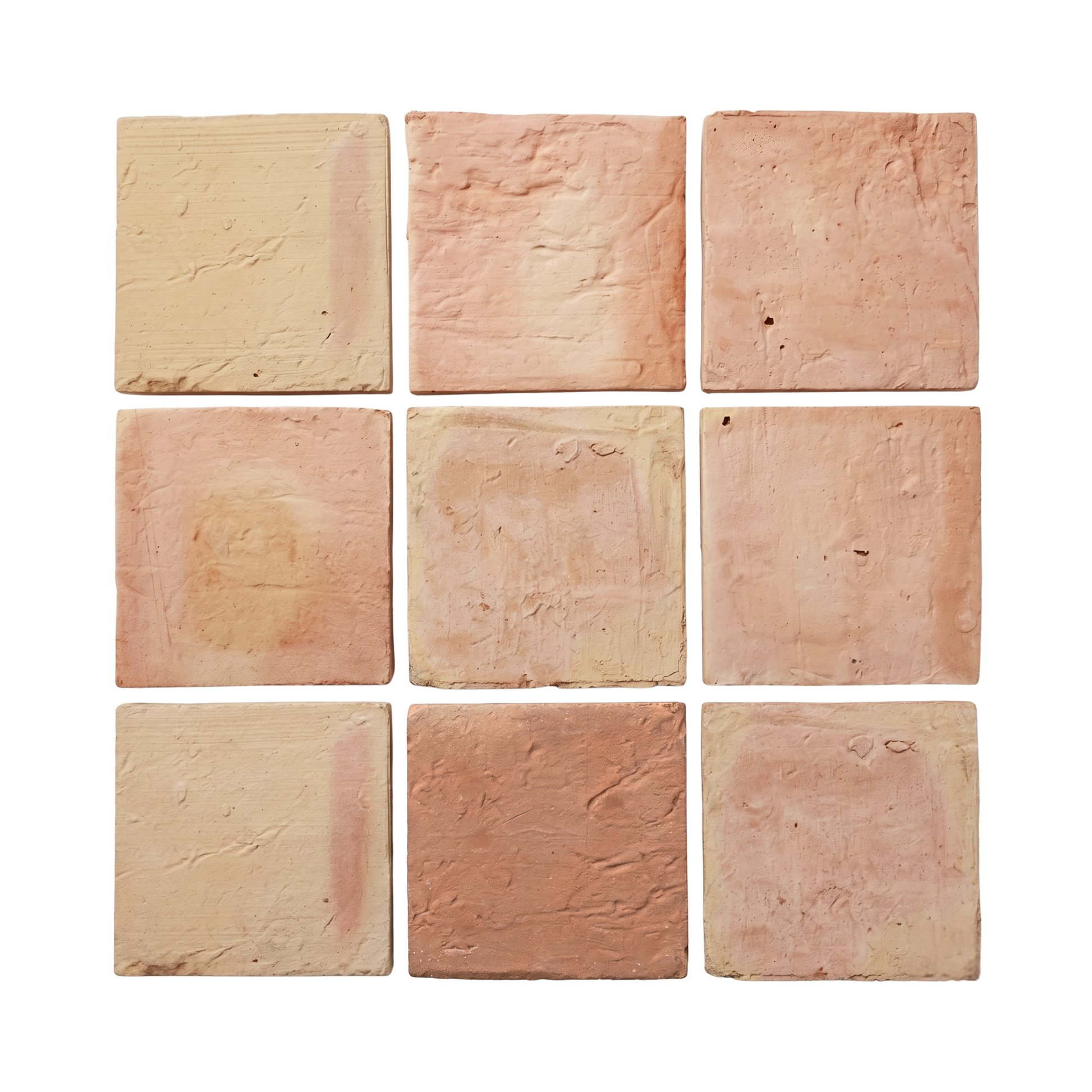 Antique matte terracotta tiles by Clay Imports, arranged in a grid with varied reddish-brown and beige tones and rough textures.