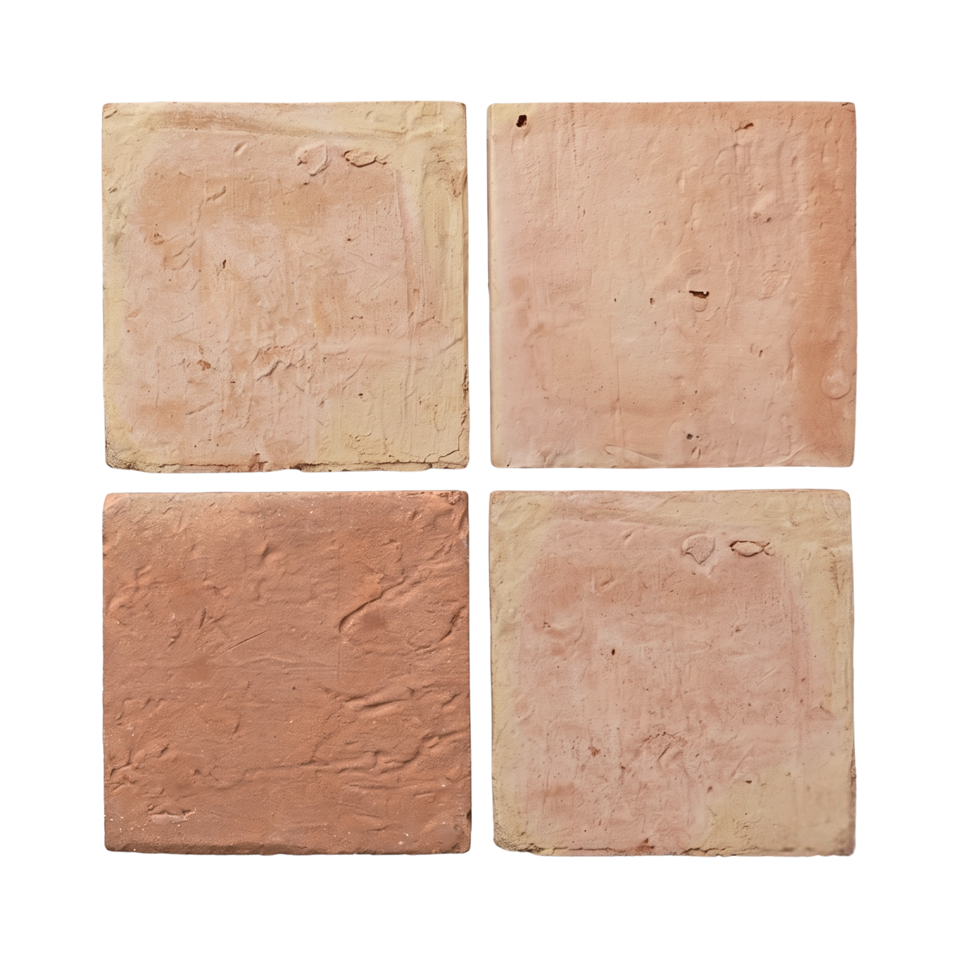 Antique matte terracotta tiles by Clay Imports, four square tiles with rustic texture and varied reddish-brown, beige hues.