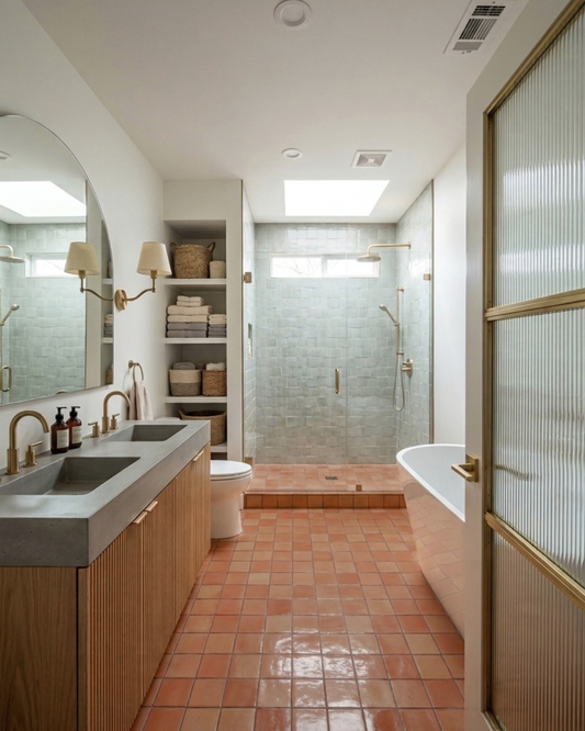 A modern bathroom interior with a double-sink vanity, large mirror, terracotta tile floor and shower base, white freestanding bathtub, and a glass shower door with brass-toned trim.