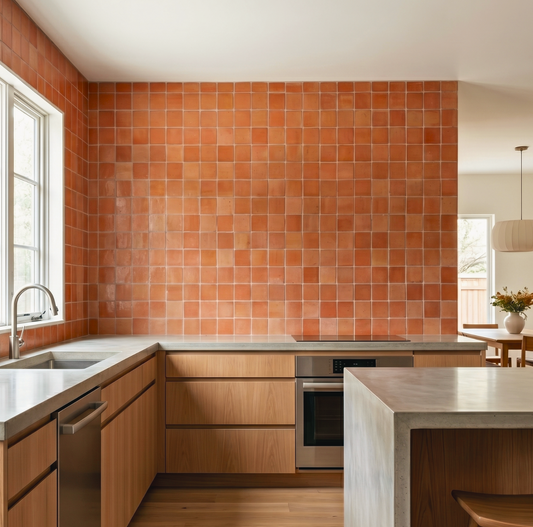 Vibrant orange Smooth Gloss 4x4 terracotta tiles by Clay Imports covering a modern kitchen wall.
