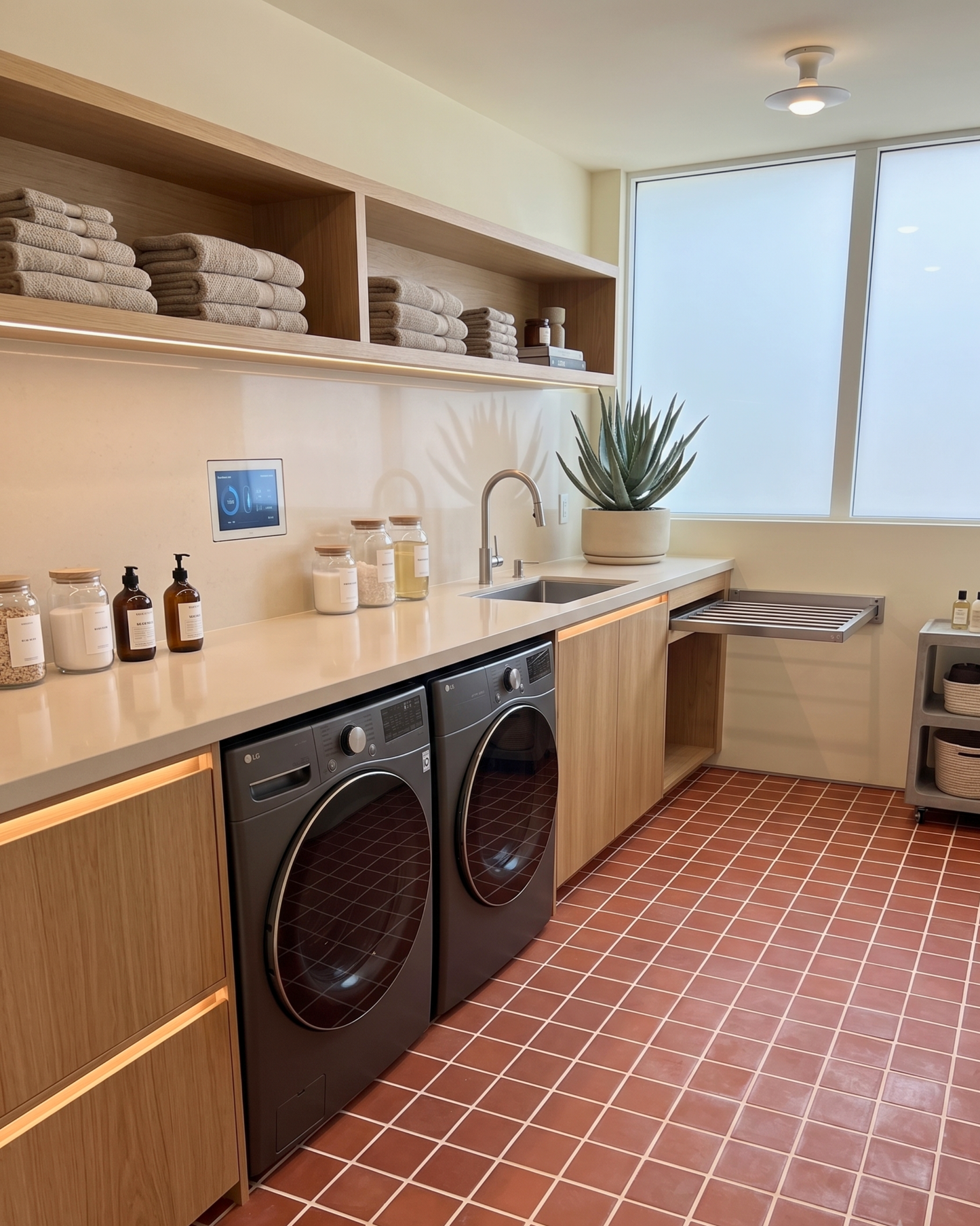A modern laundry room setup with two dark gray under-counter washing machines, a sink, open wooden shelves with folded towels, and terracotta tile flooring.