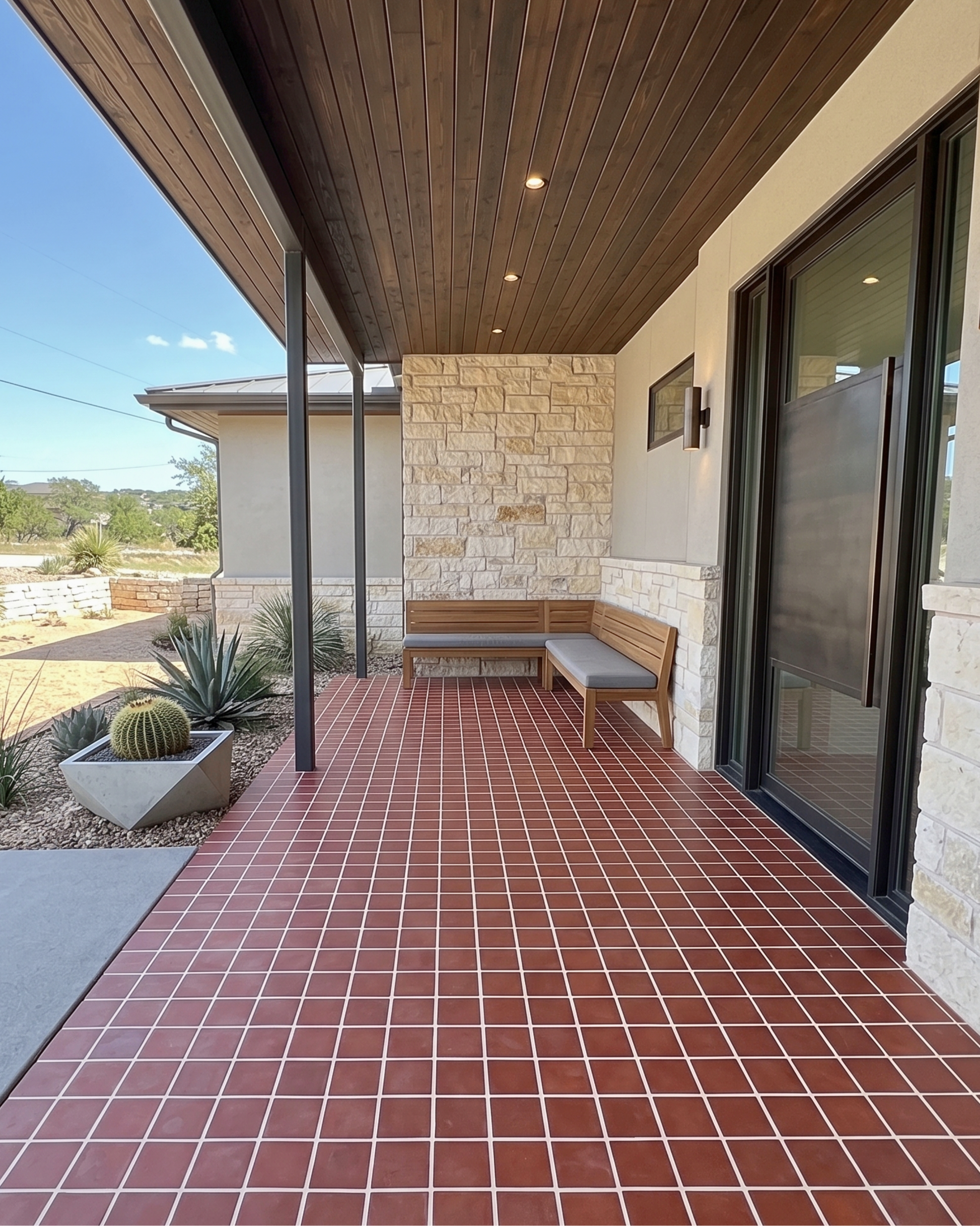 A modern covered patio with reddish-brown square tiles, a stone accent wall, a wooden bench, and large black-framed sliding glass doors.