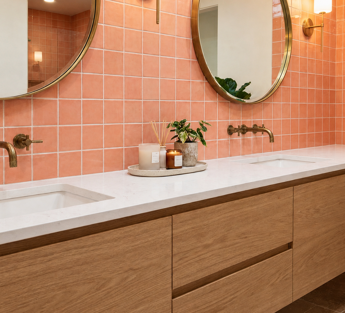 Coral 4x4 gloss solid tile by Clay Imports on a bathroom wall, with gold mirrors and brass fixtures.