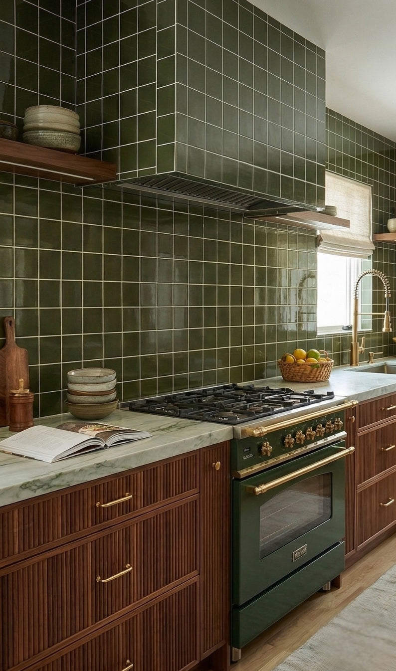 Green glossy square solid tile by Clay Imports covering kitchen walls and range hood with light grout.