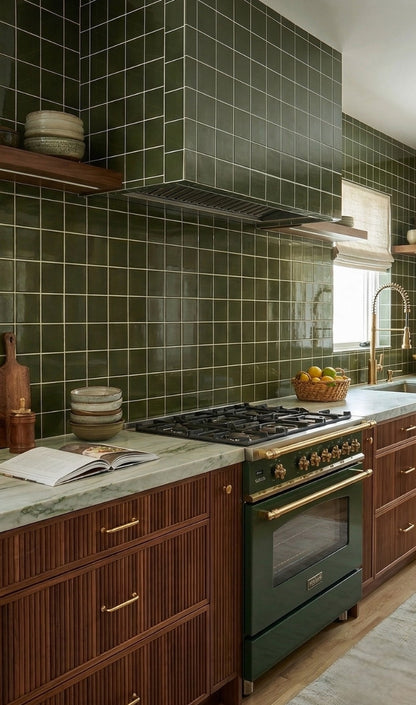 Green glossy square solid tile by Clay Imports covering kitchen walls and range hood with light grout.