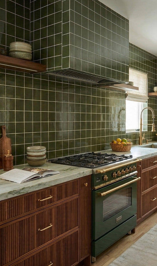 Green glossy square solid tile by Clay Imports covering kitchen walls and range hood with light grout.