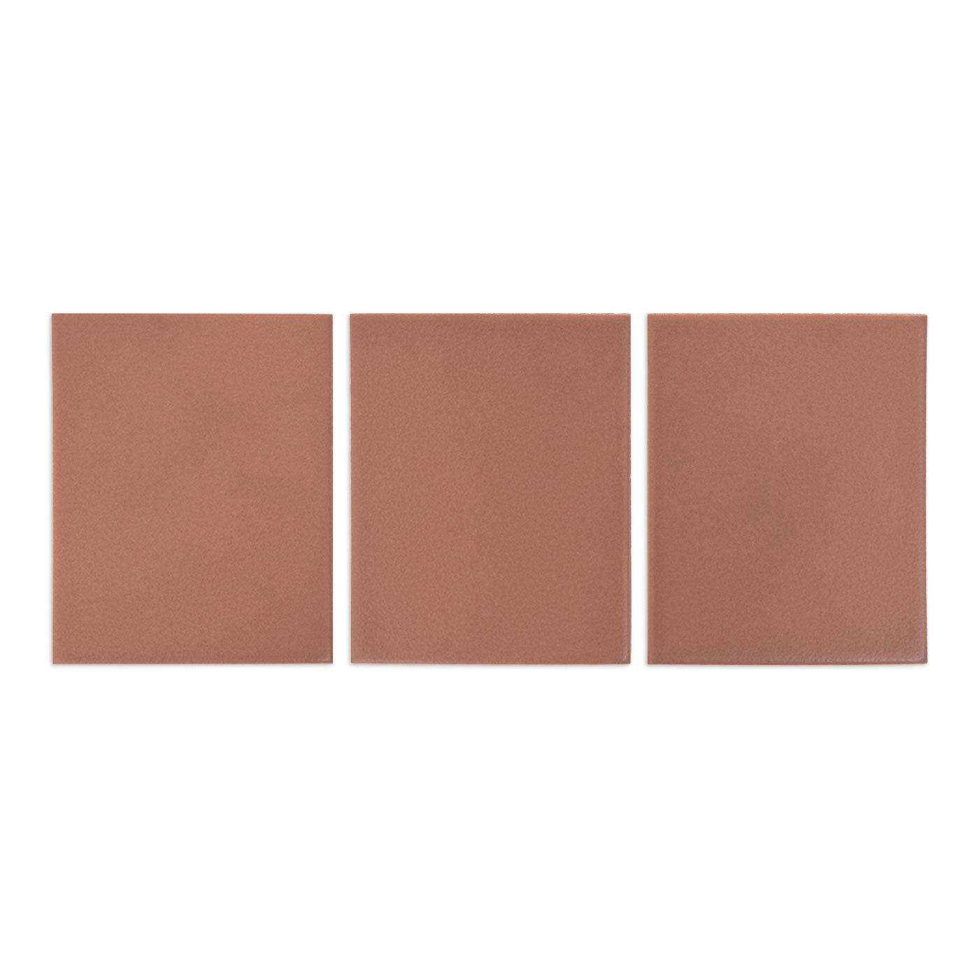 Three reddish-brown matte solid tiles by Clay Imports, arranged side-by-side on a white background.