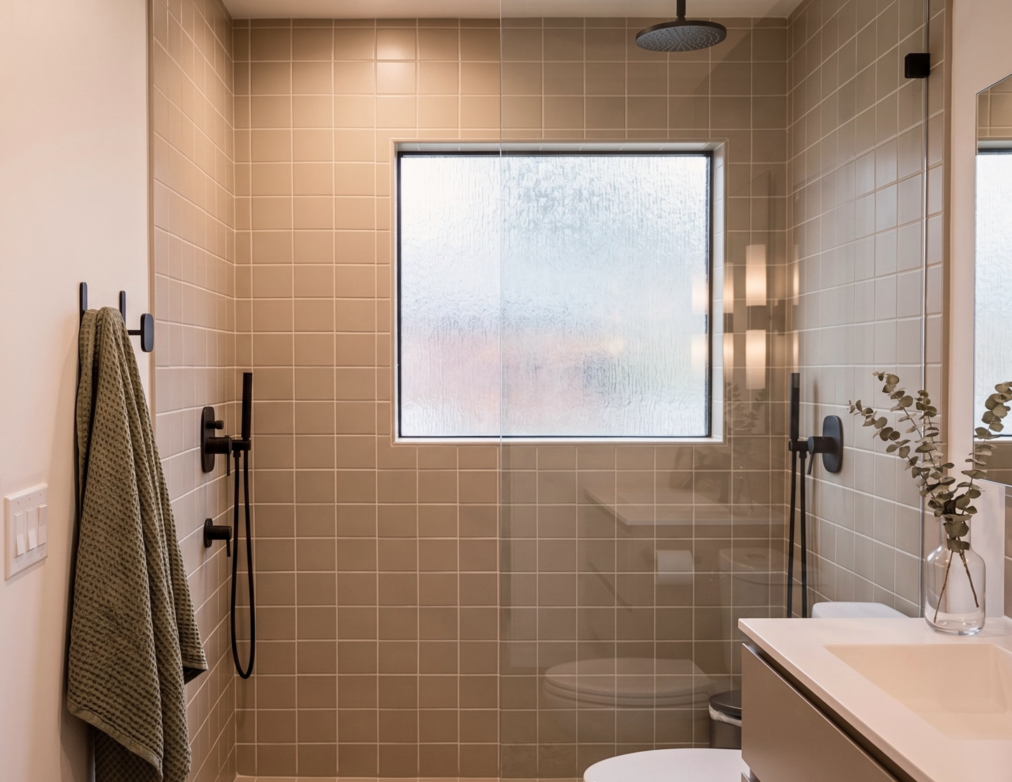 A modern bathroom interior with beige square wall tiles, a glass shower enclosure, matte black shower fixtures, a frosted window, a white vanity, and a hanging towel.